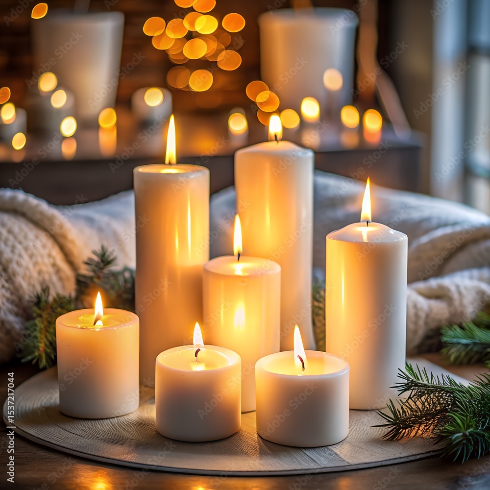 Group of white pillar candles lit in cozy evening setting Group of white pillar candles lit in cozy evening setting