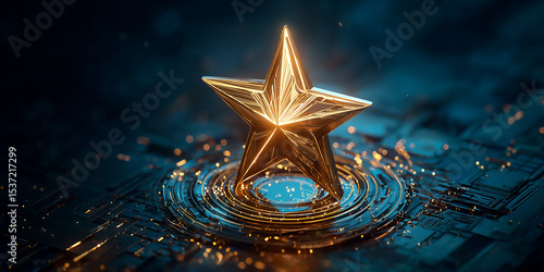 Golden star shining over futuristic circuit board, innovation and technology