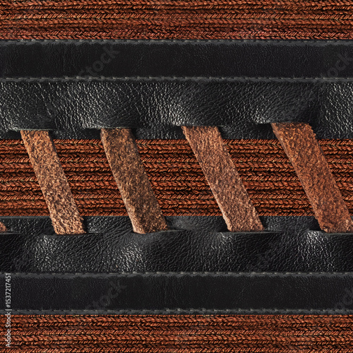 Fotografija Seamless 4k photo texture material of black leather striped surface with suede lacing on brown cloth