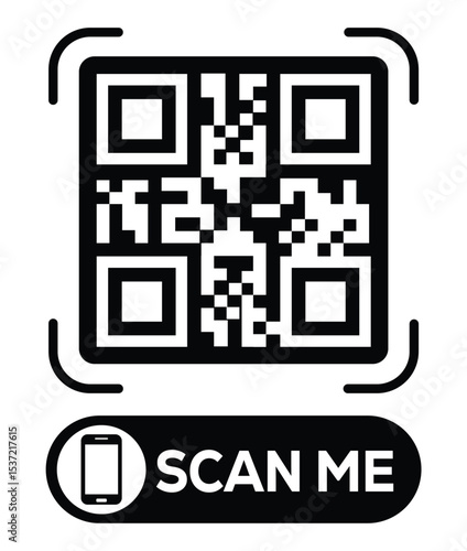 Centered black and white QR code grid on pure white background. Minimalist overhead view. Below, a centered "SCAN ME" button with smartphone icon. Clean, functional design for easy scanning.