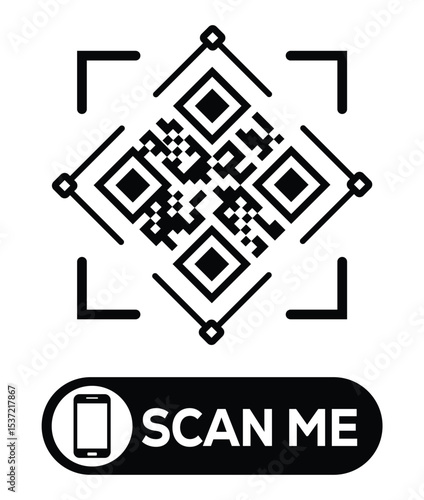 Centered black and white QR code grid on pure white background. Minimalist overhead view. Below, a centered "SCAN ME" button with smartphone icon. Clean, functional design for easy scanning.