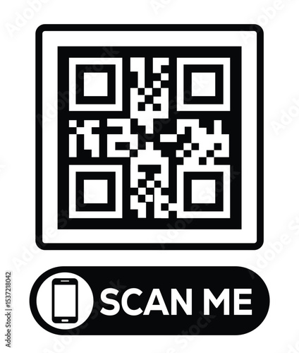 Centered black and white QR code grid on pure white background. Minimalist overhead view. Below, a centered "SCAN ME" button with smartphone icon. Clean, functional design for easy scanning.