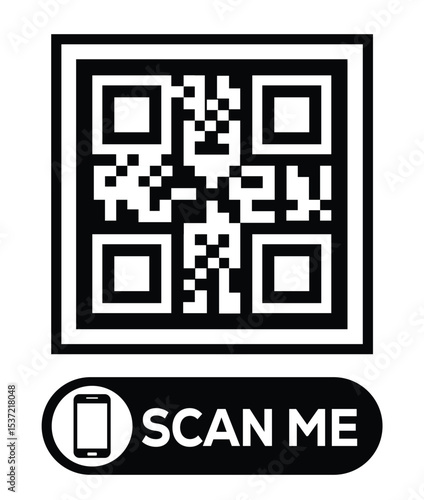 Centered black and white QR code grid on pure white background. Minimalist overhead view. Below, a centered "SCAN ME" button with smartphone icon. Clean, functional design for easy scanning.