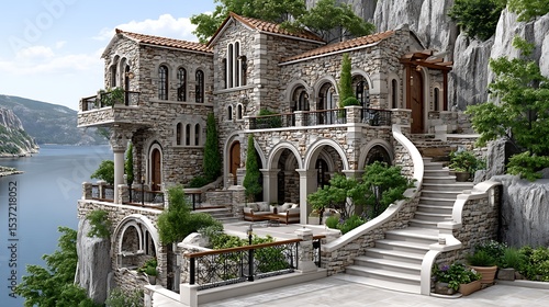 Wallpaper Mural Elegant Mediterranean architecture with stone arches, potted plants, and scenic mountain background high resolution picture Torontodigital.ca