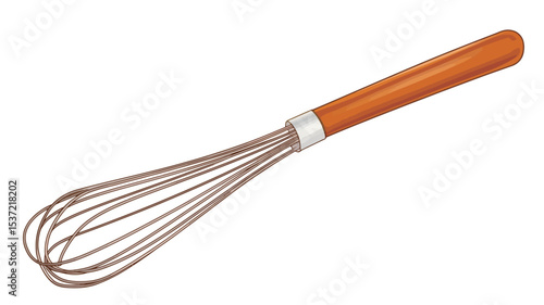 A close-up studio shot of a wire whisk with an orange wooden handle against a pure white background. The whisk is lying horizontally, angled slightly to the right. The handle is a smooth