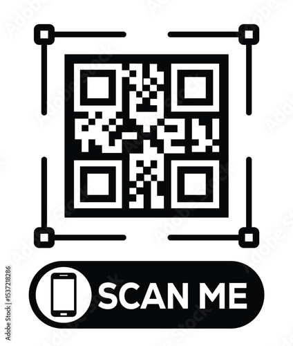 Centered black and white QR code grid on pure white background. Minimalist overhead view. Below, a centered "SCAN ME" button with smartphone icon. Clean, functional design for easy scanning.