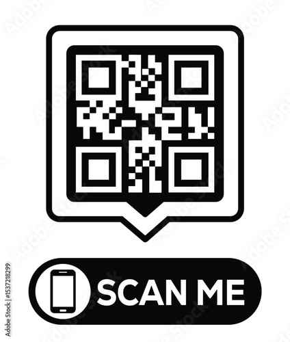 Centered black and white QR code grid on pure white background. Minimalist overhead view. Below, a centered "SCAN ME" button with smartphone icon. Clean, functional design for easy scanning.
