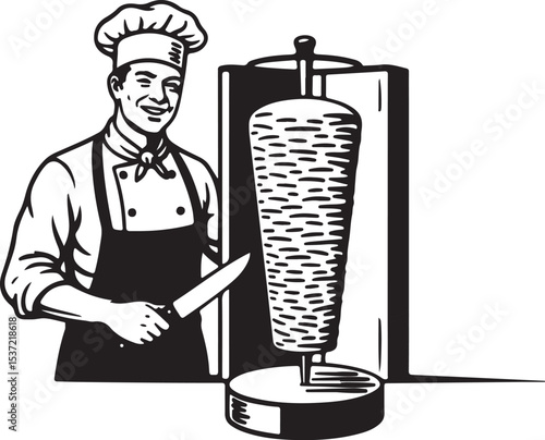 Doner Kebab Chef with Knife, Vertical Meat Spit, Grinning Cook