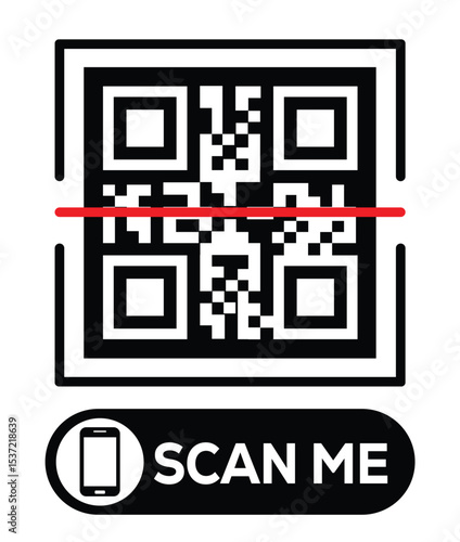 Centered black and white QR code grid on pure white background. Minimalist overhead view. Below, a centered "SCAN ME" button with smartphone icon. Clean, functional design for easy scanning.