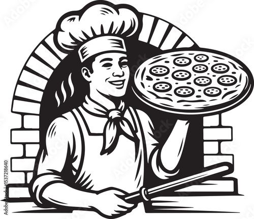 Smiling Pizza Chef with Freshly Baked Pie by Traditional Oven Vector