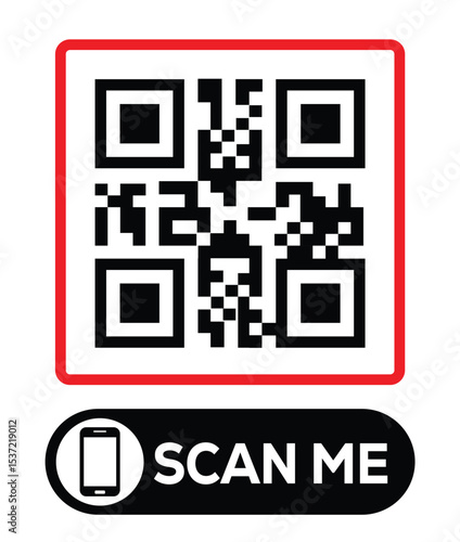 Centered black and white QR code grid on pure white background. Minimalist overhead view. Below, a centered "SCAN ME" button with smartphone icon. Clean, functional design for easy scanning.