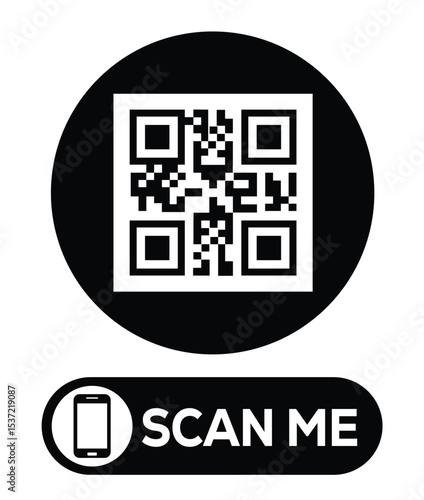 Centered black and white QR code grid on pure white background. Minimalist overhead view. Below, a centered "SCAN ME" button with smartphone icon. Clean, functional design for easy scanning.