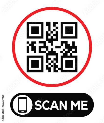 Centered black and white QR code grid on pure white background. Minimalist overhead view. Below, a centered "SCAN ME" button with smartphone icon. Clean, functional design for easy scanning.