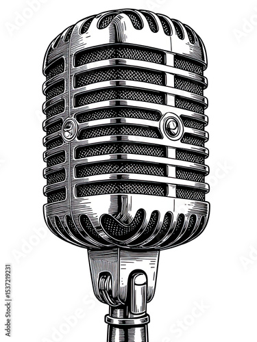 A square vintage microphone, pencil drawing Black and White  on transparent background