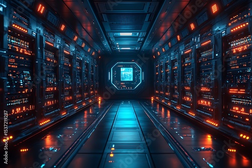 Futuristic server room interior with glowing lights and modern data center technology