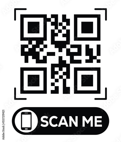Centered black and white QR code grid on pure white background. Minimalist overhead view. Below, a centered "SCAN ME" button with smartphone icon. Clean, functional design for easy scanning.