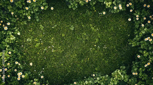 Aerial View of a Lush Green Lawn Surrounded by White Flowers