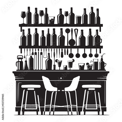 Silhouette Detailed Bar Scene Vector Illustration with Bottles and Stools