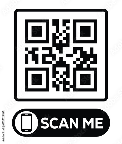 Centered black and white QR code grid on pure white background. Minimalist overhead view. Below, a centered "SCAN ME" button with smartphone icon. Clean, functional design for easy scanning.