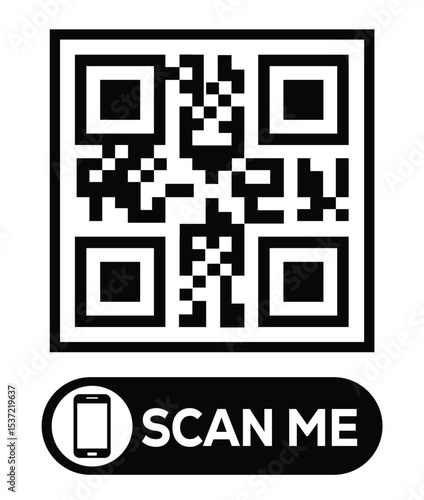 Centered black and white QR code grid on pure white background. Minimalist overhead view. Below, a centered "SCAN ME" button with smartphone icon. Clean, functional design for easy scanning.