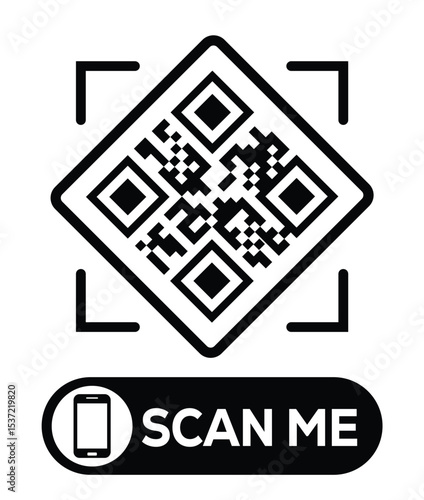 Centered black and white QR code grid on pure white background. Minimalist overhead view. Below, a centered "SCAN ME" button with smartphone icon. Clean, functional design for easy scanning.