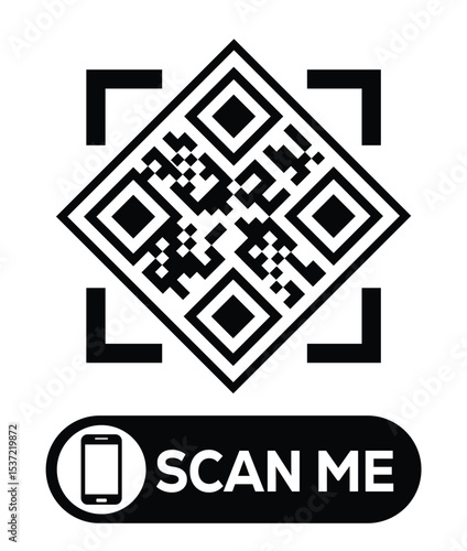 Centered black and white QR code grid on pure white background. Minimalist overhead view. Below, a centered "SCAN ME" button with smartphone icon. Clean, functional design for easy scanning.