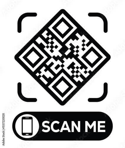 Centered black and white QR code grid on pure white background. Minimalist overhead view. Below, a centered "SCAN ME" button with smartphone icon. Clean, functional design for easy scanning.