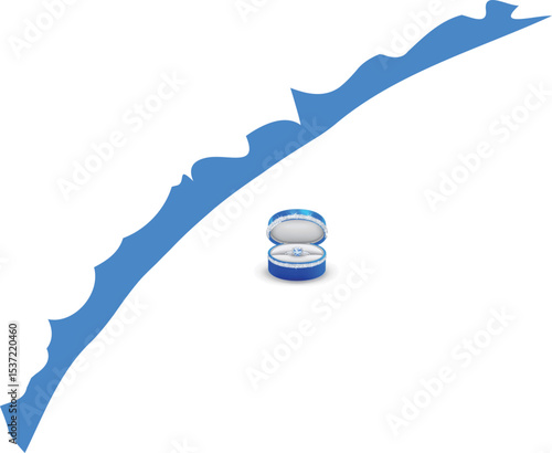 A digital illustration depicting a solitaire diamond engagement ring set in a round, blue velvet ring box. The box is open, showcasing the ring. The ring features a large, brilliant-cut diamond