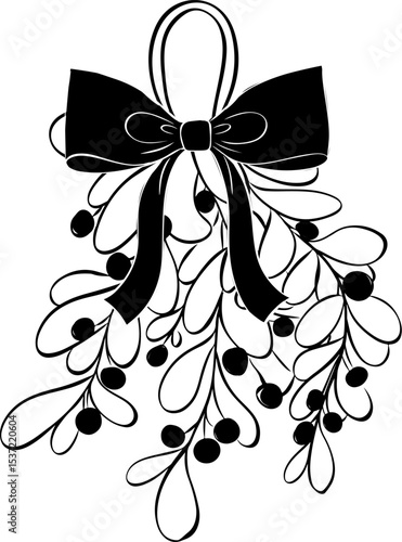 Omela, Holly, black and white bunch with ribbon composition isolated. Vector graphic line ink illustration. Christmas holiday objects collection. Xmas vector illustration for greeting card