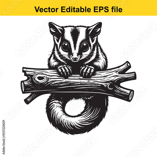 Monochrome Sugar Glider Clinging to a Branch Woodcut Style Illustration Playful Black and White Design of a Small Mammal in the Forest