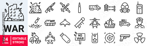 War web icons in line style. Army, battle, conflict, military, missile, refugees, bomb, tank, collection. Vector illustration.