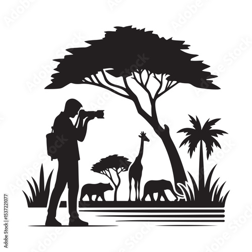 Wildlife photographer silhouette capturing animals on african safari adventure