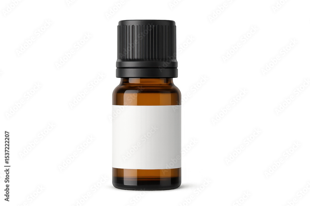 Obraz premium Amber glass dropper bottle with blank label, resting on clean transparent surface, highlighting minimalist packaging design