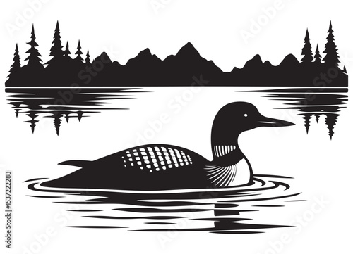 Silhouette of a Loon on Lake Landscape Vector Illustration