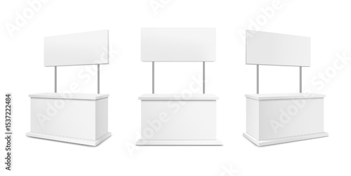 Advertising stands. Display table, Realistic blank retail kiosk or counters different angles, 3d promotional desk with sign top, clean empty promo tables Vector isolated set