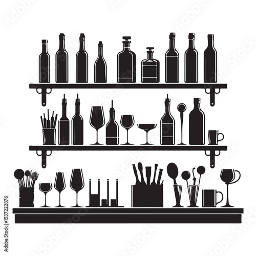 Detailed silhouette bar shelf filled with bottles and glasses