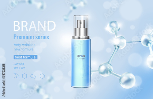 Moisturizer and hyaluronic acid on a blue background with molecules model. Skin care, lotions, serums, creams. medical and scientific concepts. vector.