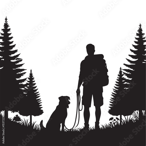 Silhouette of hiker with dog standing in the forest