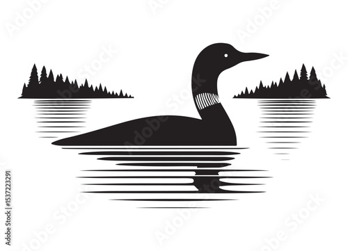 Silhouette of loon reflection in lake with forest background