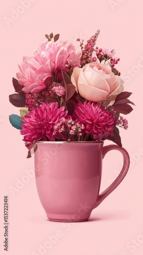 Wallpaper Mural A vibrant bouquet of pink flowers arranged in a matching pink ceramic mug against a soft pink background. Torontodigital.ca