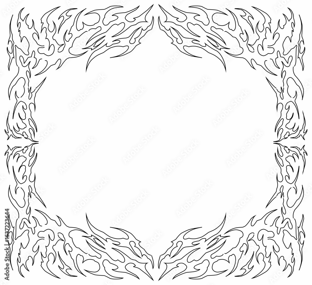 Obraz premium Vector frame with symmetrical tribal flame style; perfect for tattoos, T-shirt prints, stickers, and digital art borders element