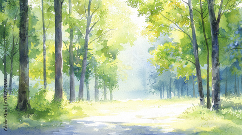 serene watercolor landscape depicting lush forest with vibrant green trees and soft sunlight filtering through leaves, creating peaceful