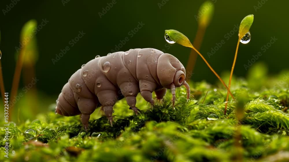 3D animation: Tardigrade (water bear) walks on dewy moss. Realistic microscopic creature, extreme close-up. Science, biology, nature.