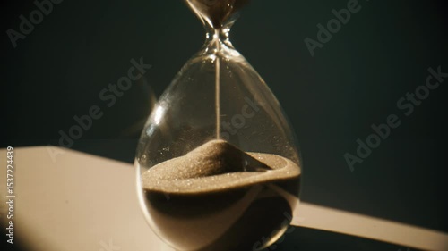 Closeup sand falling hourglass standing at table in evening room. Gold grains