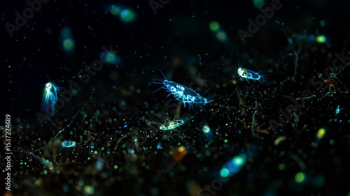 3D animation: Bioluminescent green plankton float in dark water with particles. Microscopic life visualization. Science, biology.