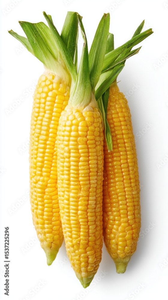 Three fresh corn cobs with green husks, isolated on a white background Three fresh corn cobs with green husks, isolated on a white background