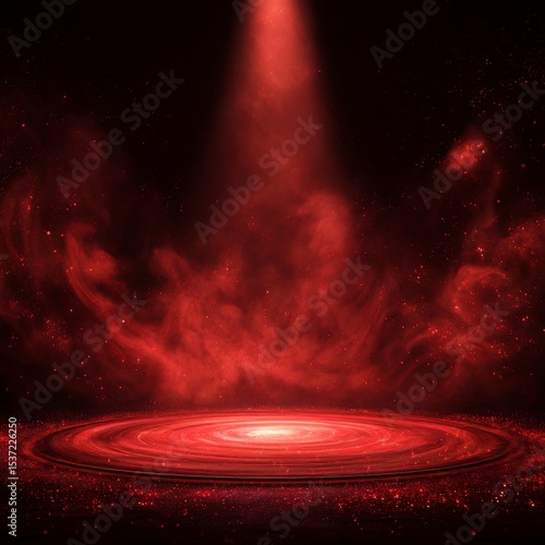 Red background. Stage podium with red smoke, golden spotlight and glitter on dark background. Theatre show and award ceremony concept. Red abstract background