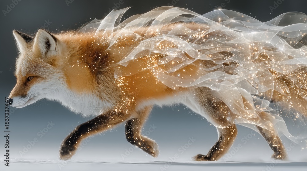 Fototapeta premium A fox in motion with a trail of sparkling, ethereal light surrounding it, set against a soft, blurred background.