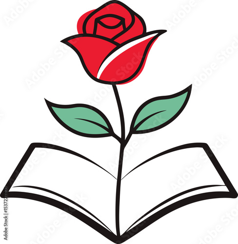 Rose Flower Resting on Open Book in Simple Vector Illustration