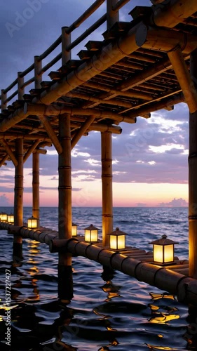 Wallpaper Mural Wooden pier with lanterns at sunset over calm ocean waters Torontodigital.ca